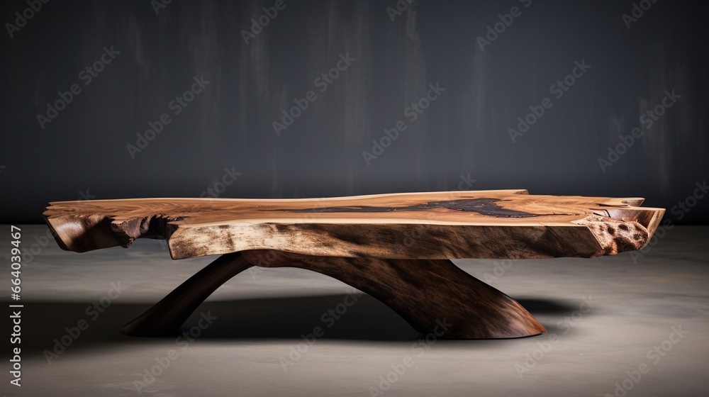 Live edge coffee table. Details furniture. Woodworking and carpentry production. - obrazy, fototapety, plakaty 