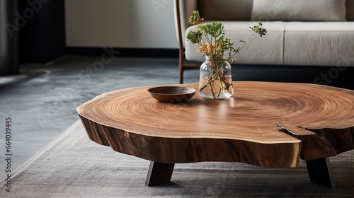 Close up of live edge wooden coffee table on blurred sofa in modern living room background, luxury wooden furniture interior design, natural lifestyle concept.