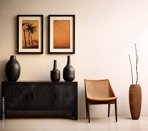 Stylish interior of living room with black mock up poster frame  elegant accessories  flowers in vase  wooden black cabinet. Minimalistic concept of home decor. Template.