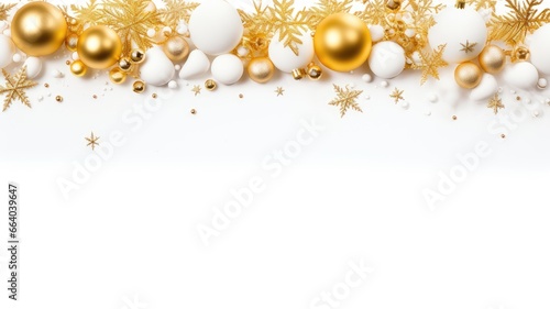 a festive Christmas banner with a lush arrangement of pine branches adorned with golden balls, stars, and snowflakes, this opulent scene against a crisp white background ideal for a captivating banner