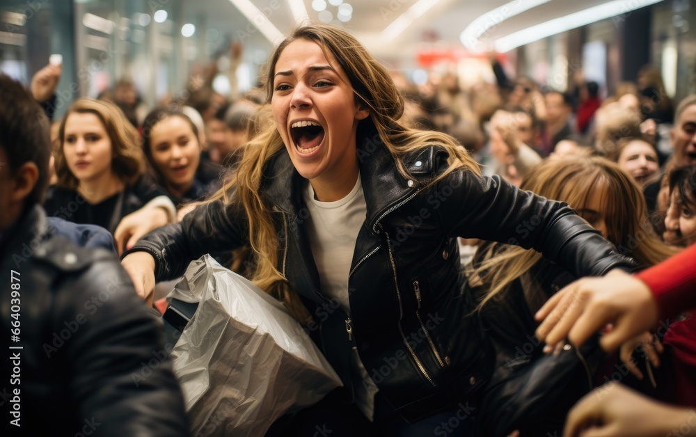 A crowd of women jostle to grab discounted clothes in a shopping center. Black Friday Sale. A crowd of women jostle to grab discounted clothes in a shopping center. Black Friday Sale.