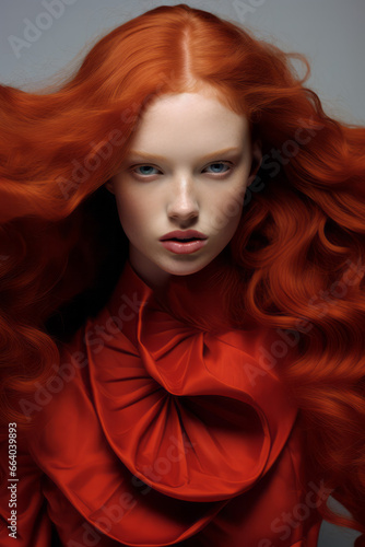 Editorial Style Portrait - A beautiful female model with red high fashion couture.