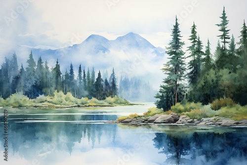 Scenic watercolor landscape featuring cloudy day, mountains, lake, forest. Generative AI © Hezekiah