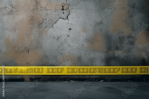 Yellow police line on concrete wall. Crime scene dark banner for stories or investigations podcast. Generative AI