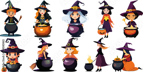 Conjunto de brujas con caldero mágico para la fiesta de Halloween con fondo transparente 01