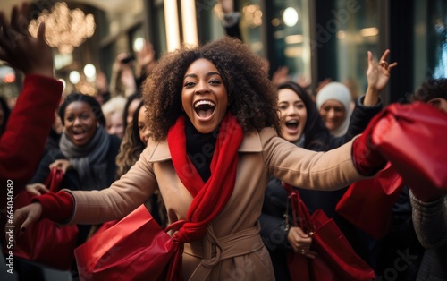 A crowd of women jostle to grab discounted clothes in a shopping center. Black Friday Sale.