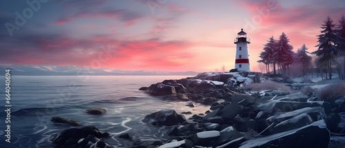 Serene Winter Sunset, Majestic Lighthouse by the Calm Sea