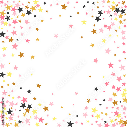 Premium black pink gold stardust scatter texture. Many starburst spangles xmas decoration particles. Cartoon star dust wallpaper. Spangle confetti poster decor.