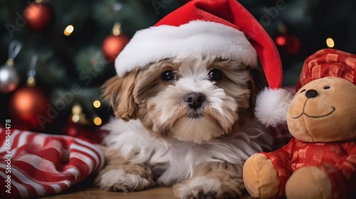 Festive Pup: Dog with Santa Hat Celebrating by Tree