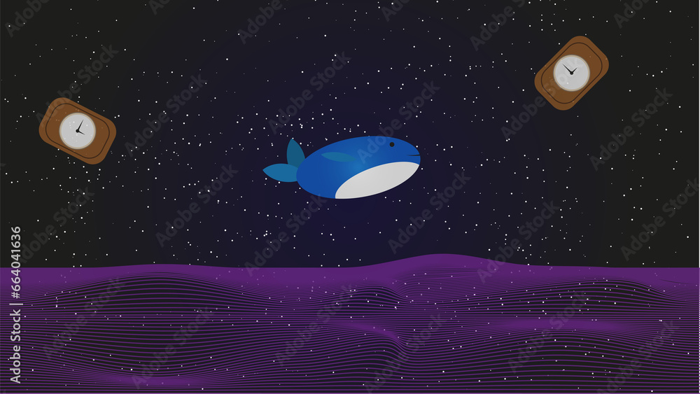 An Illustration of a whale in outer spaces with clocks