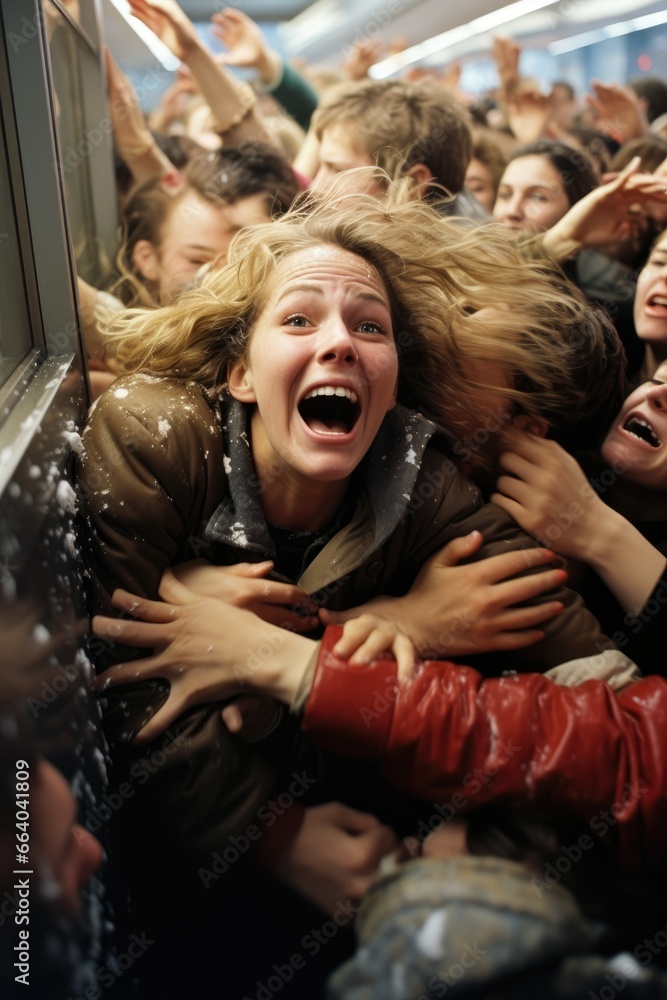 A crowd of women jostle to grab discounted clothes in a shopping center. Black Friday Sale. A crowd of women jostle to grab discounted clothes in a shopping center. Black Friday Sale.