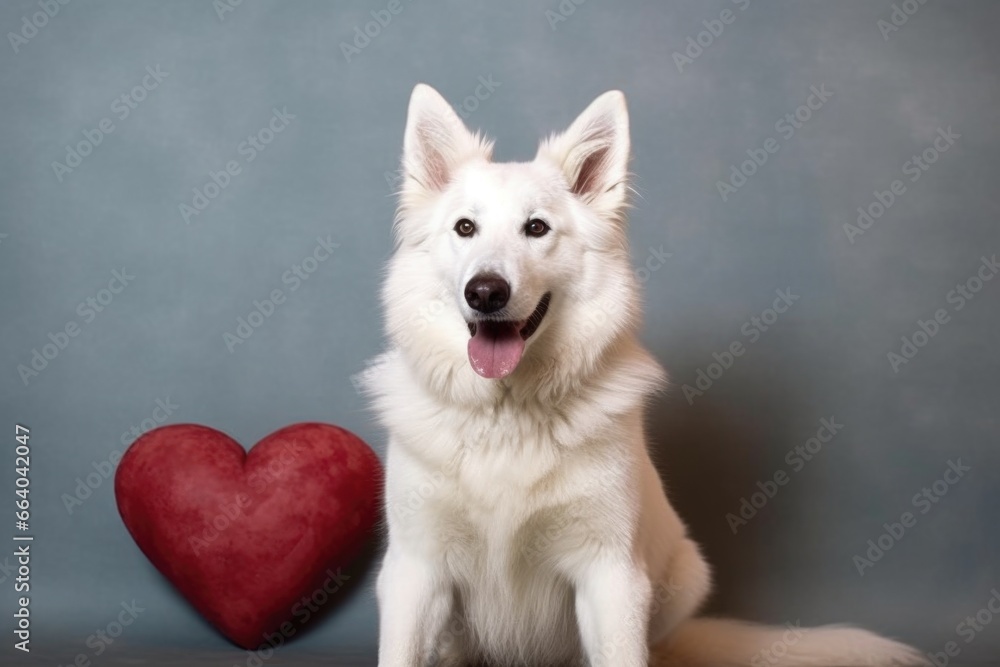 Funny portrait cute dog holding red heart . AI Generated Funny portrait cute dog holding red heart . AI Generated