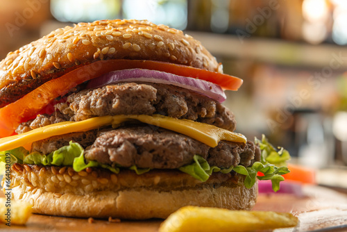 Homemade burger with two meats, cheese, lettuce, tomato and onion