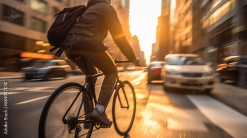Close up of sporty cyclist in active wear using black bike for morning training outdoors. Caucasian sportsman spending free time for cycling on city street