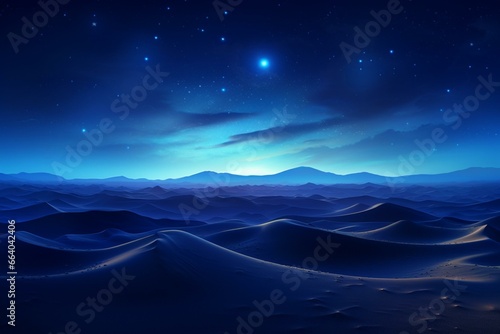 A stunning desert landscape with rolling sand dunes under a blue gradient starry night sky. Generative AI