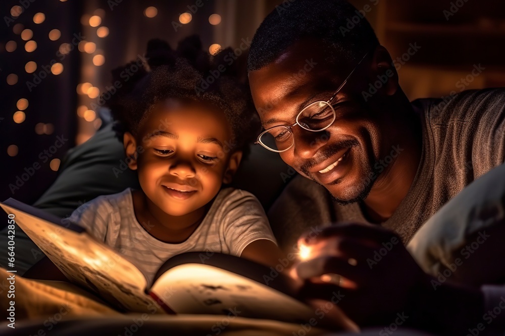 A father and his young black son read a story together while hiding under the covers. - obrazy, fototapety, plakaty 