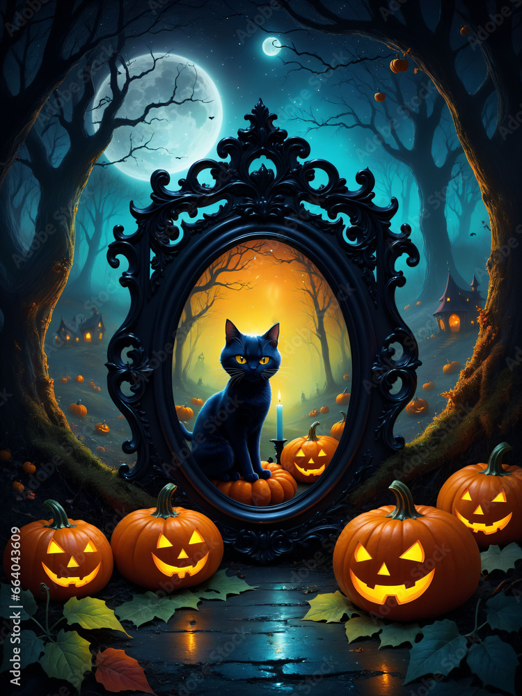 Fototapeta premium gato negro sentado en un espejo rodeado de calabazas, arte gótico