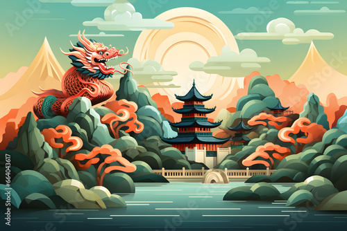 Traditional chinese dragon with temple, mountains and trees artwork, ai generated art