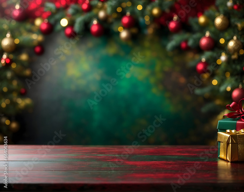 table top christmas blurry background with christmas tree and decorations