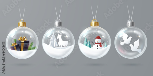 Transparent glass Christmas ball with decoration inside. Collection of hanging Christmas baubles. Realistic 3d style. Traditional symbols of winter holidays. Vector illustration