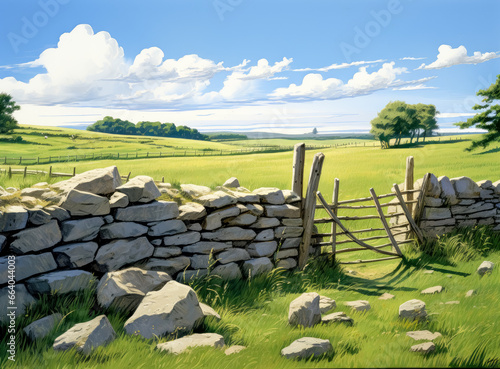 Stone wall next to grassy field in Scottish countryside  Dutch landscape.