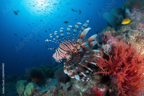 Tropical lionfish swimming amidst vibrant corals. Generative AI