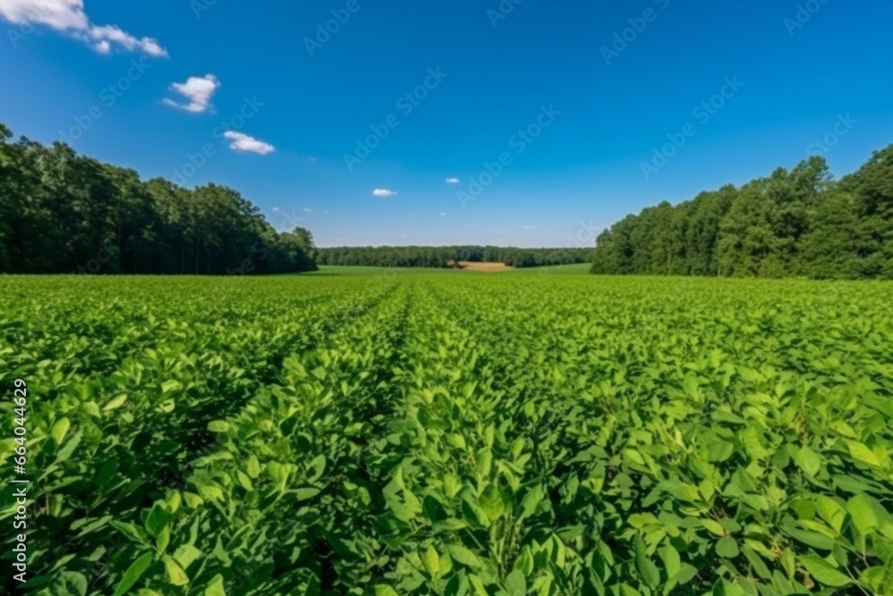 Vibrant soybean field amidst bright summer, with lush forest and clear blue sky as backdrop. Generative AI