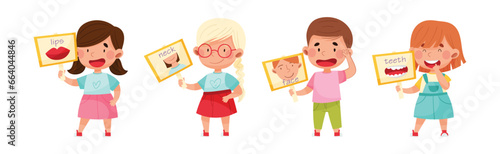 Cute Boy and Girl Character Holding Card with Body Part Picture Vector Set