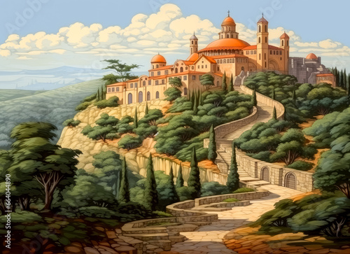 Medieval Georgian monastery on a rocky cliff, on the mountain top renaissance-inspired, rounded, rustic scenes, photo, 15th century.