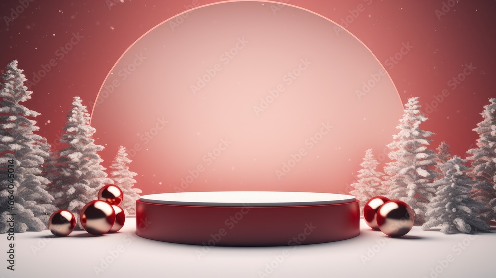 red mockup, product display podium christmas, snow and christmas balls