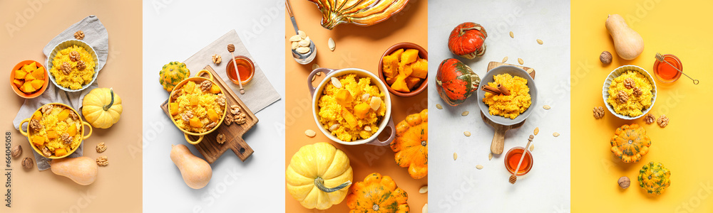 Set of tasty porridge with pumpkin on color background, top view - obrazy, fototapety, plakaty 