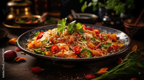 Pad Thai: An artful overhead shot of a plate of Pad Thai noodles, capturing the dish's intricate ingredients and arrangement.