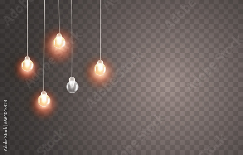 Lights bulbs isolated on transparent background. Glowing fairy Christmas garland string. Vector outside party lamps decoration
