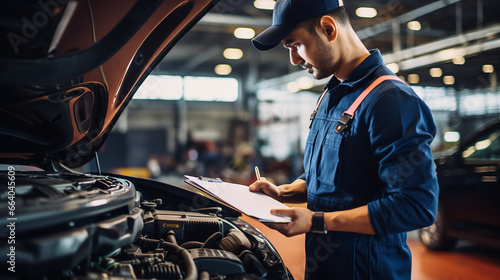  Young mechanic filling paperwork while examining car engine at auto repair shop