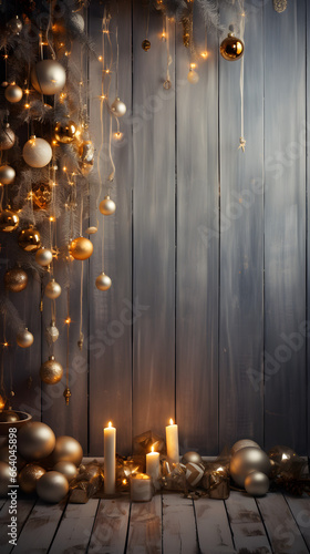 Cozy Christmas Magic, Vertical Holiday Background with Rustic Ornaments and Warm Lights