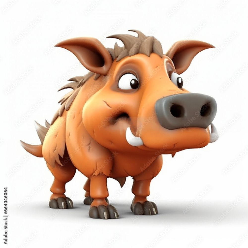 Fototapeta premium Wild pig, boar with tusks, funny cute cartoon 3d illustration on white background, creative avatar 