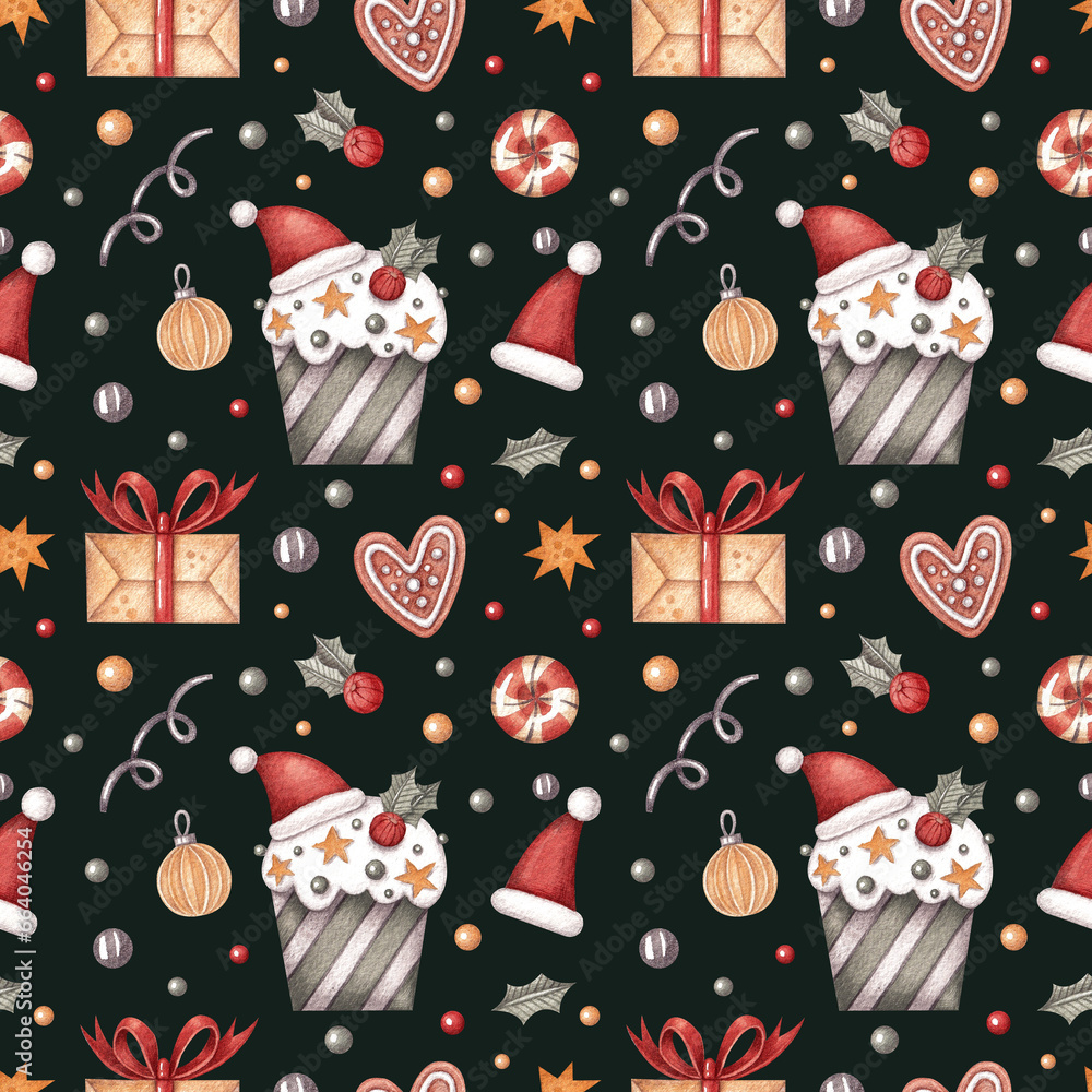 Seamless pattern with Christmas cupcakes, gifts, balloons and a hat on a dark green background. Watercolor illustration. Holiday. New Year and Christmas. Winter. Print on fabric and paper. Art. Seamless pattern with Christmas cupcakes, gifts, balloons and a hat on a dark green background. Watercolor illustration. Holiday. New Year and Christmas. Winter. Print on fabric and paper. Art.