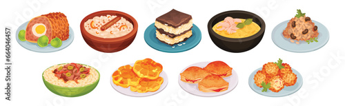 Traditional Indian Food and Dishes Served on Plate Vector Set
