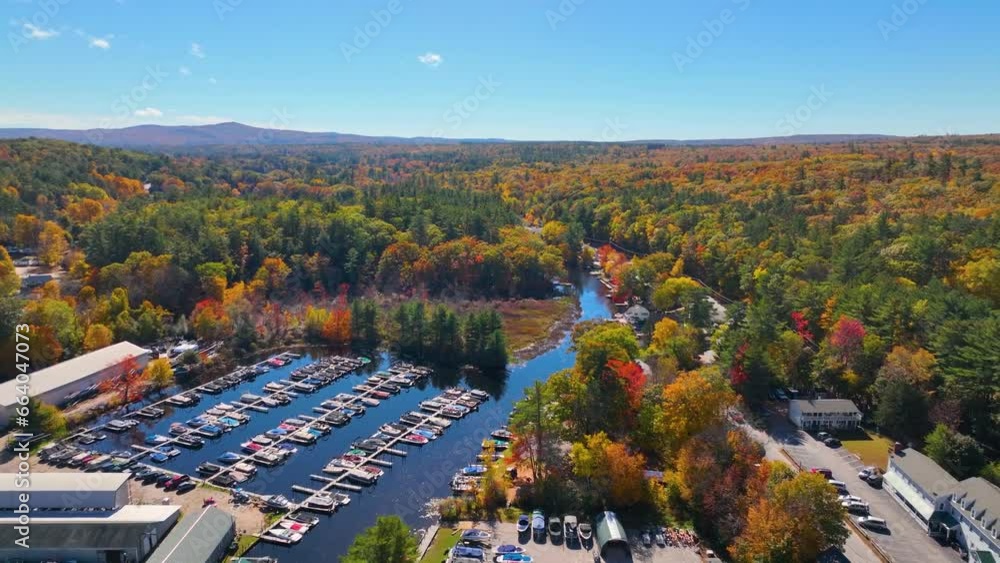 Alton Bay at Lake Winnipesaukee aerial view and village of Alton Bay in fall in town of Alton
