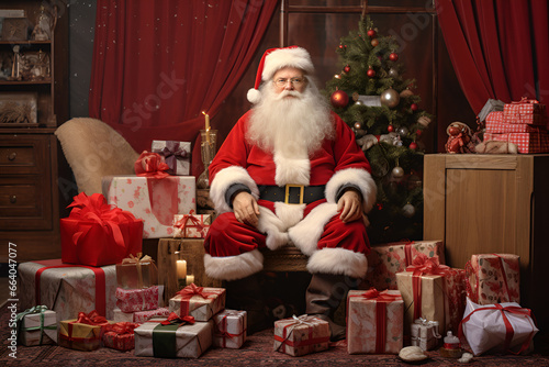 Happy old Santa Claus wearing hat and costume readu to Christmas shipping deliverywith gifts packing presents parcels at home