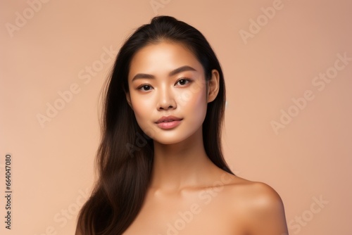 Beautiful asian model with perfect skin, studio beige background. Skin care advertising model look at camera, close-up front view. Beauty and cosmetology ads face. Girl generated by AI
