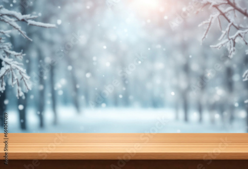 Winter xmas background with empty space on table top in front. Christmas horizontal blank scene. Wooden table top in front, blurred frost landscape with snowflakes. Snowy scene generated by AI © SD Danver