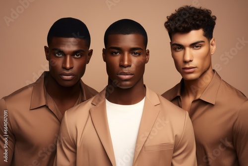 Studio portrait of a multicultural mens fashion models group. Multi-ethnic guys with different skin type look at camera. Asian, caucasian and african american male models. Models, generated by AI