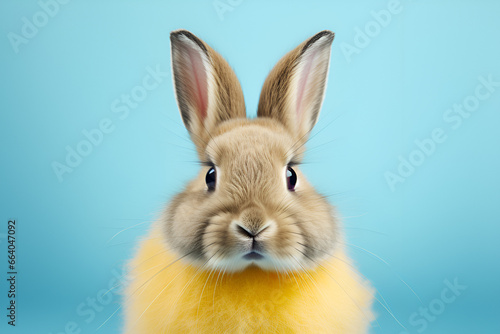 Fluffy cute rabbit on blue background