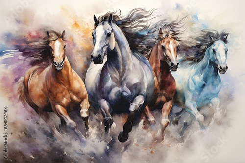 Group of horses running in the wind  colorful art