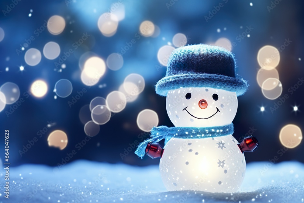 A funny snowman in a blue bowler hat and scarf smiles against the backdrop of flickering Christmas garlands. New Year card, greeting, banner