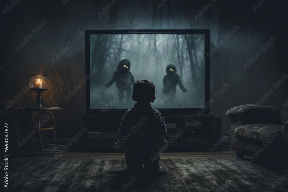 Kid sitting in front of a television and watching horror movie Kid sitting in front of a television and watching horror movie