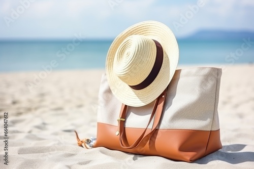 Stylish beach bag with accessories. summer vacations