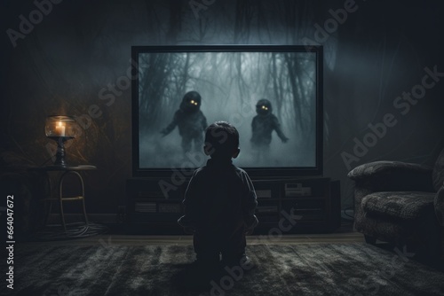 Kid sitting in front of a television and watching horror movie photo