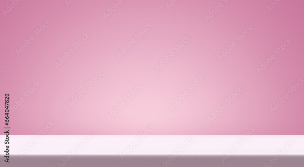 White empty table top in front, gradient empty pink wall background. Blank podium, pedestal, scene, shelf for showing cosmetics product. Horizontal panoramic minimalism backdrop, generated by AI
